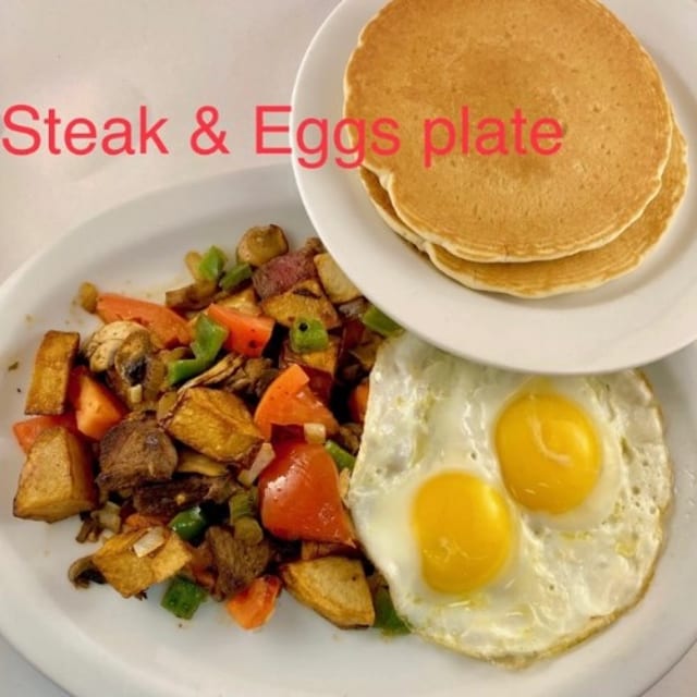 Steak and Eggs with 2 Pancakes.