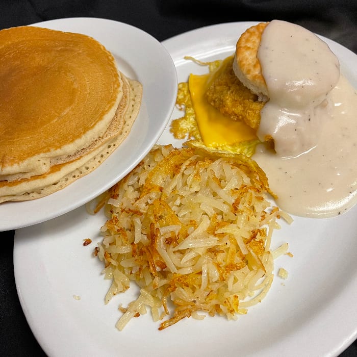 Chicken Biscuit Plate with 2 Pancakes.