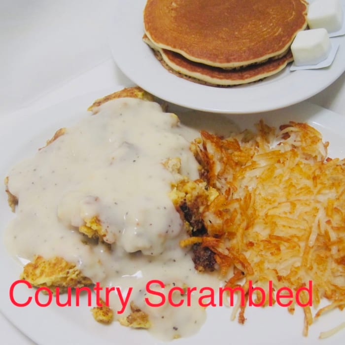 Country Scramble Plate with 2 Pancakes.