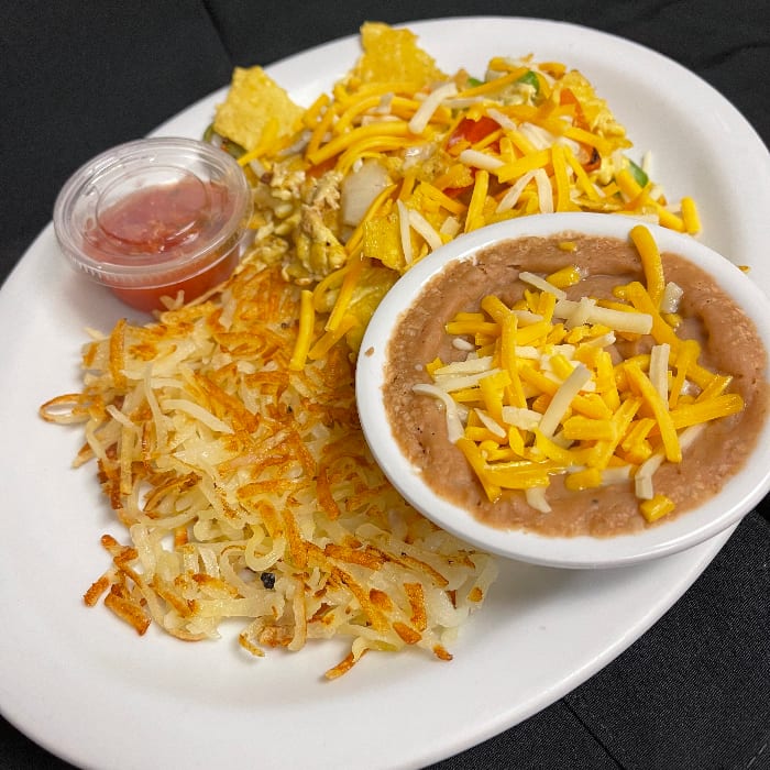 Migas Plate with Side Hash Browns.