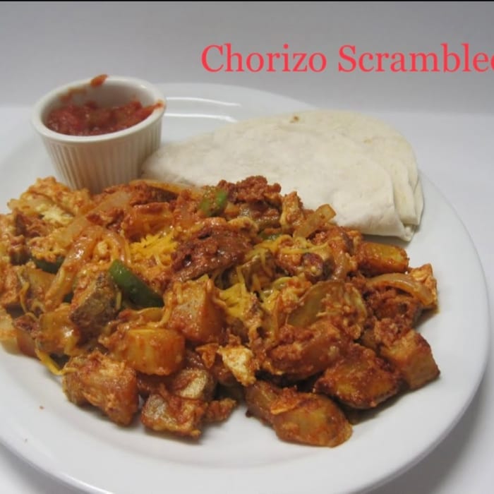 Chorizo Scramble Plate with 3 Flour Tortillas.